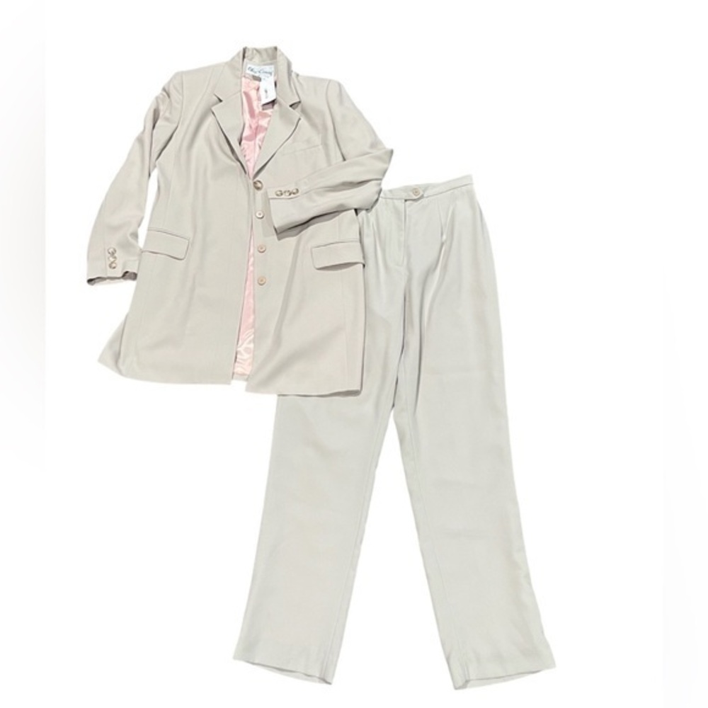 Vintage Oleg Cassini long line blazer Pant Suit size 12 beige tan